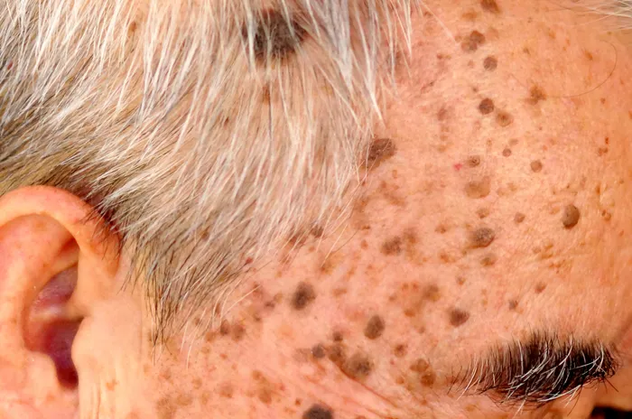 Close-up of seborrheic keratosis on skin