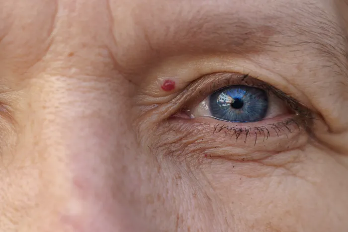 Close-up of a person's skin with an angioma