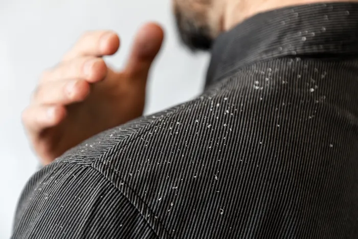 Dandruff on shoulders of a black shirt