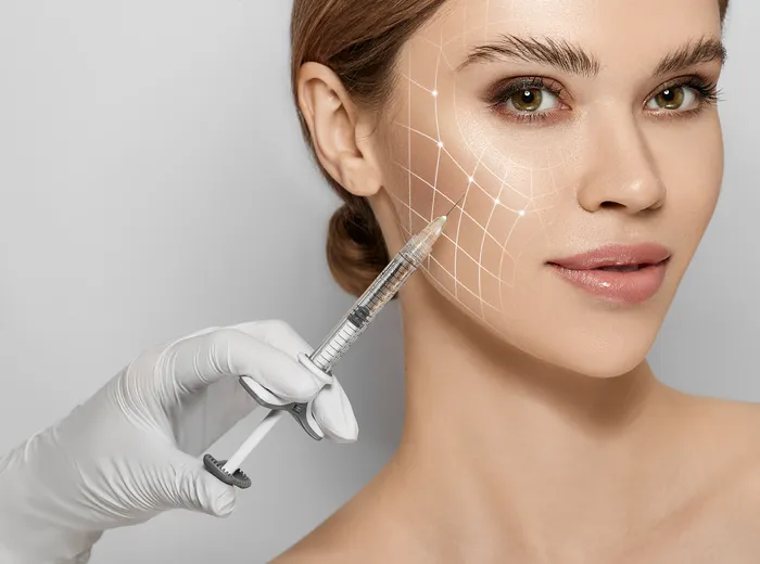 An image that shows a needle next to a woman's face with a grid on it