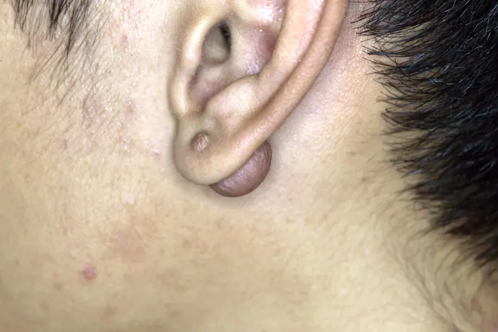 Close-up of a keloid scar behind an ear